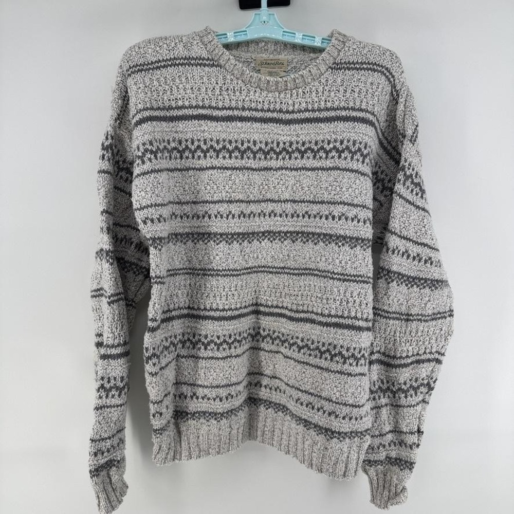 Vintage St. John's Bay Sweater Mens Medium Gray Stripe Chunky Knit Crew Neck USA
